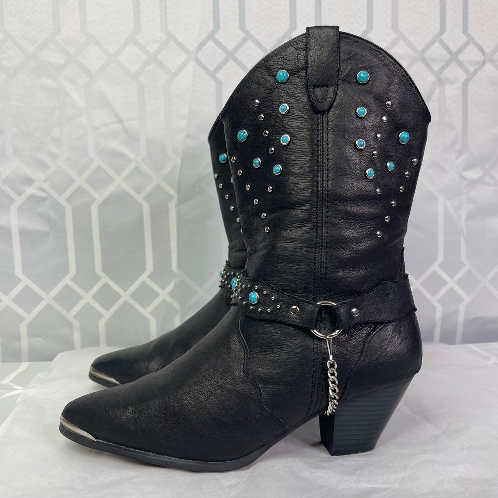 Dingo Black Leather Studded Turquoise Harness Western Cowboy Boots Women’s 10M - Picture 3 of 15